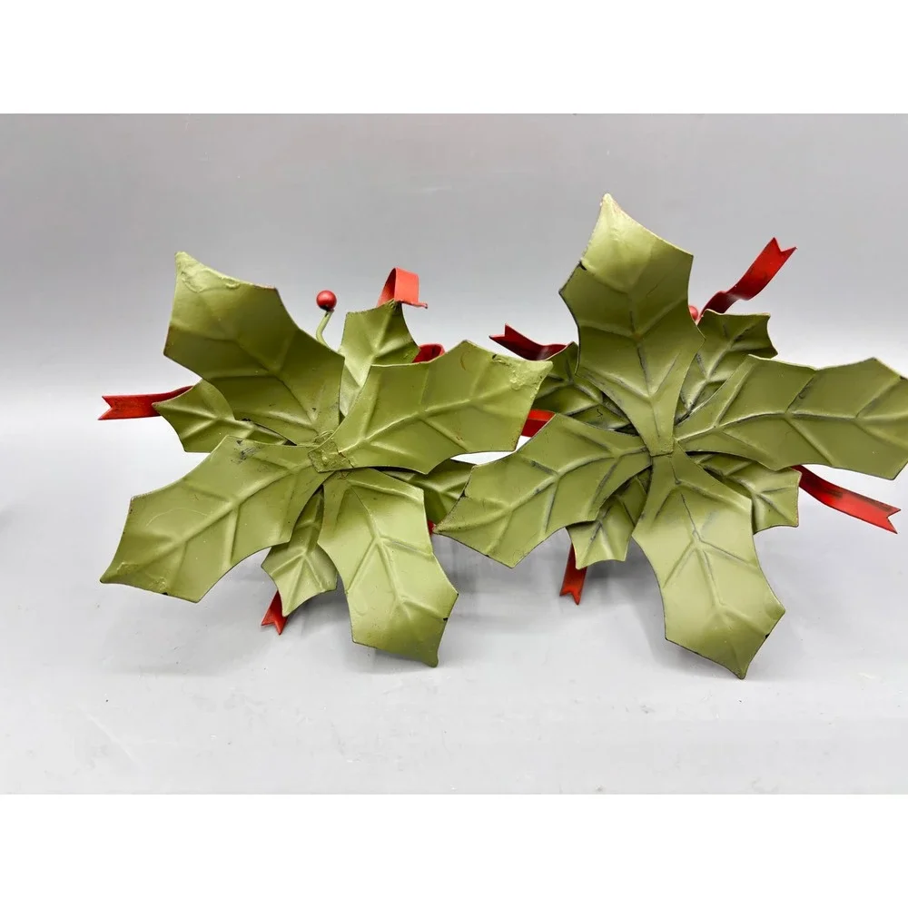 Vintage Metal Holly‎ Berry Christmas Candle Holders Set of 2 Red Green Holiday